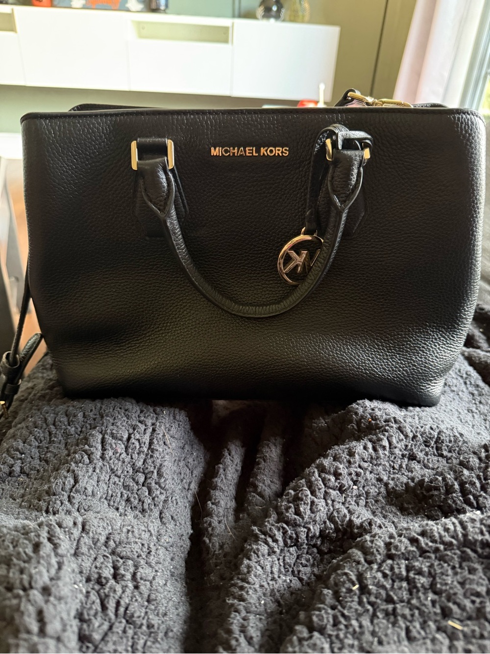 Michael Kors Black Pebble Leather Satchel with Gold Hardware